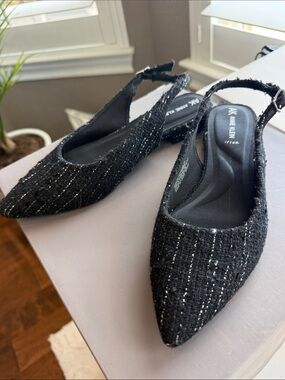Anne Klein Black Tweed Pointed Slingback Flats with Metallic Thread
